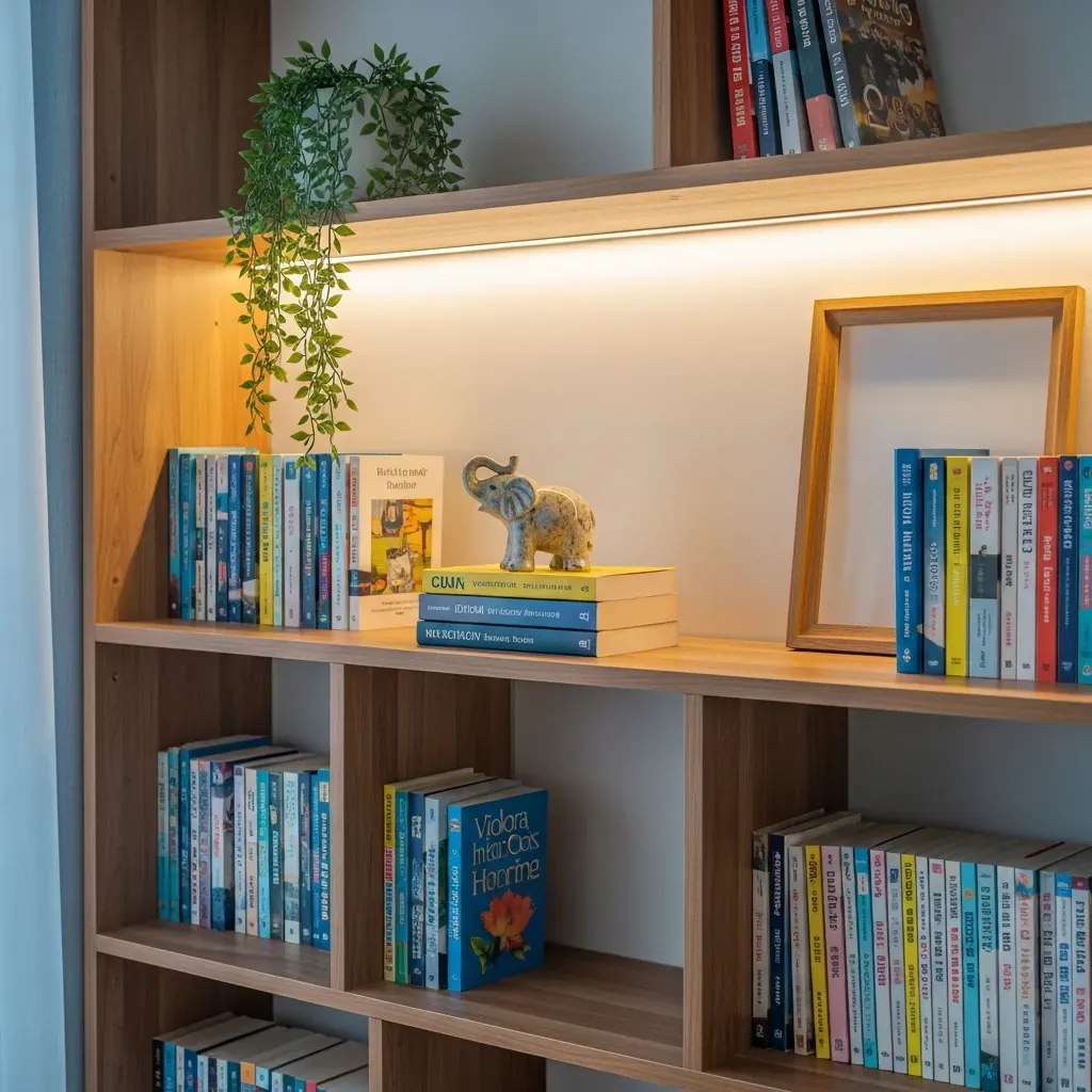 Kệ sách gỗ trang trí đa tầng với sách xếp ngang dọc, tượng gốm nhỏ và cây xanh trong căn hộ Việt