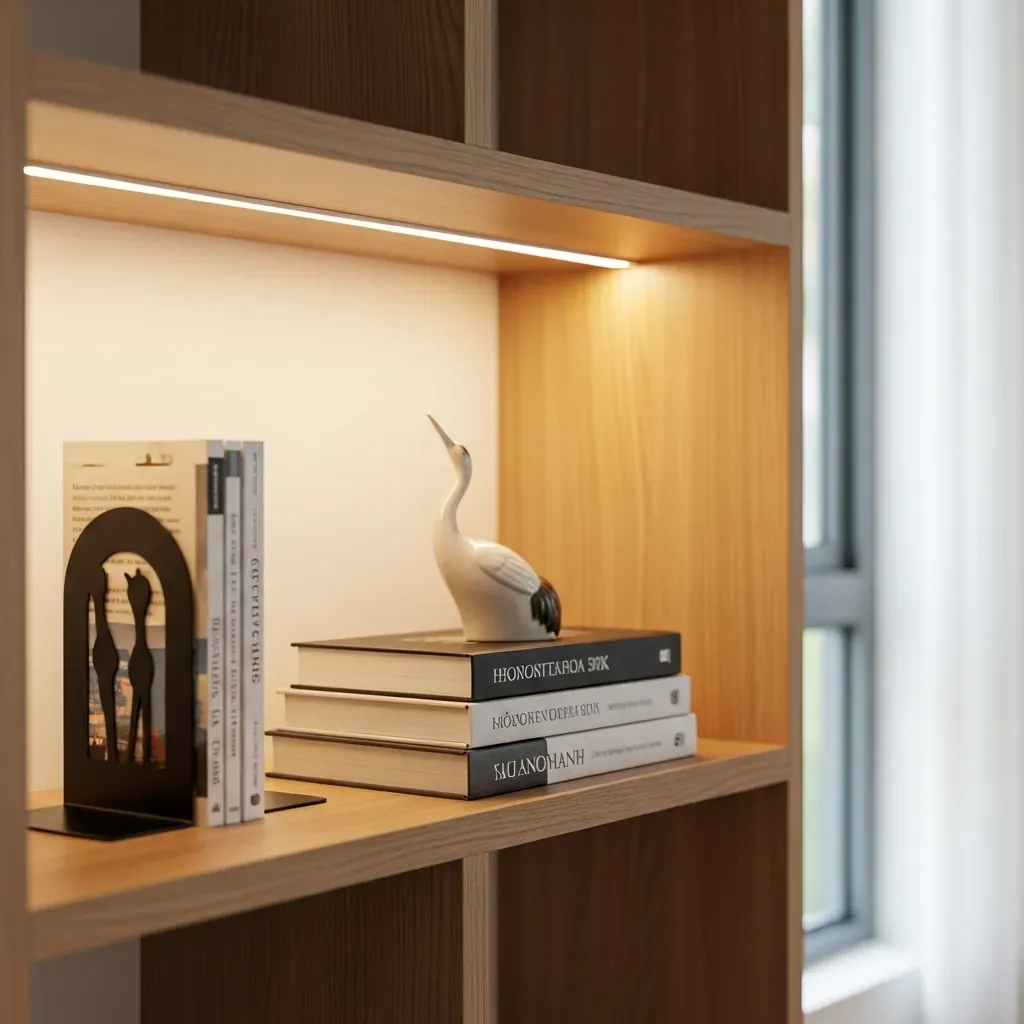 Kệ sách nhỏ chỉ có vài cuốn sách, tượng gốm và đèn LED tạo điểm nhấn trong căn hộ Việt
