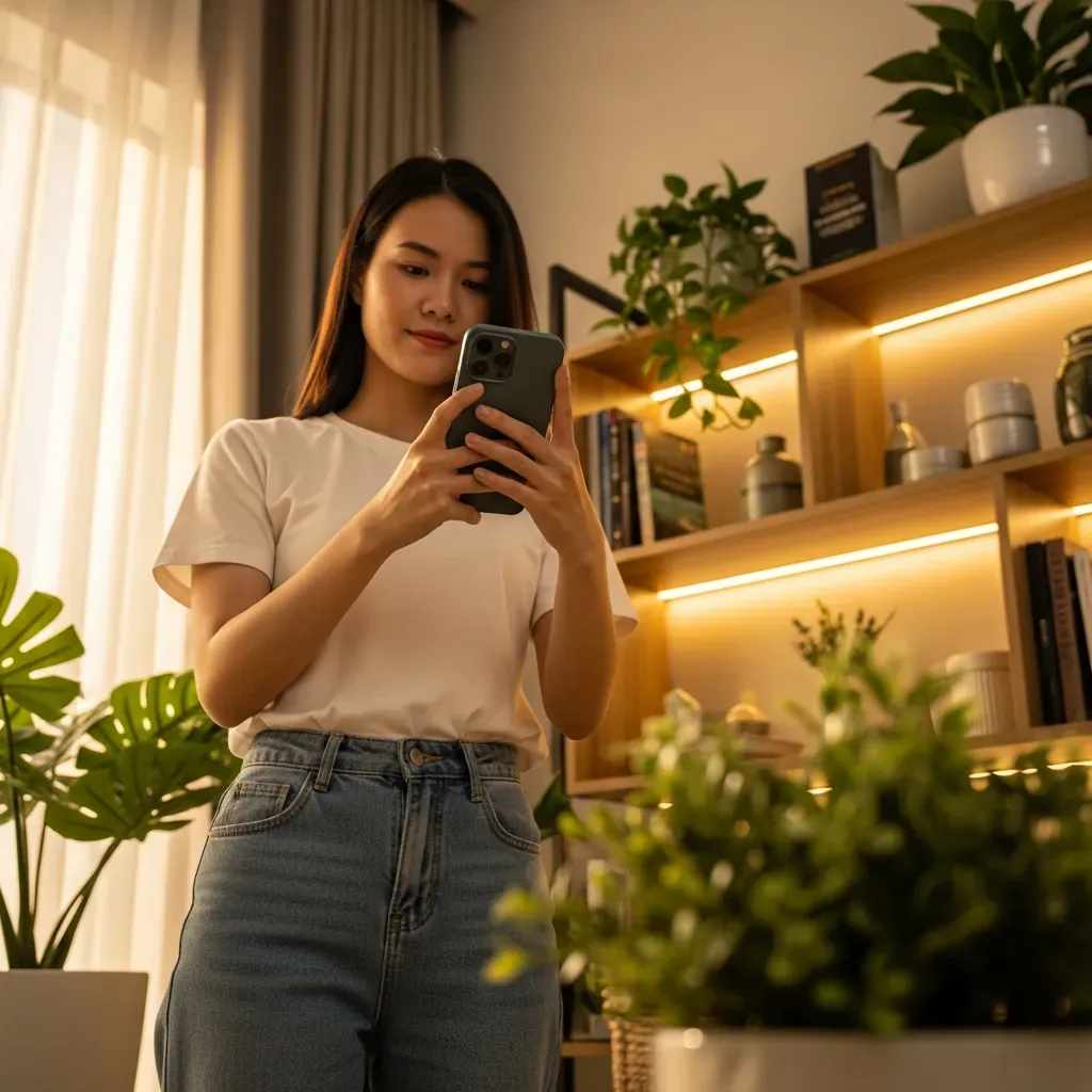 Người phụ nữ Việt chụp ảnh kệ sách đã trang trí bằng điện thoại, ánh sáng tự nhiên buổi chiều