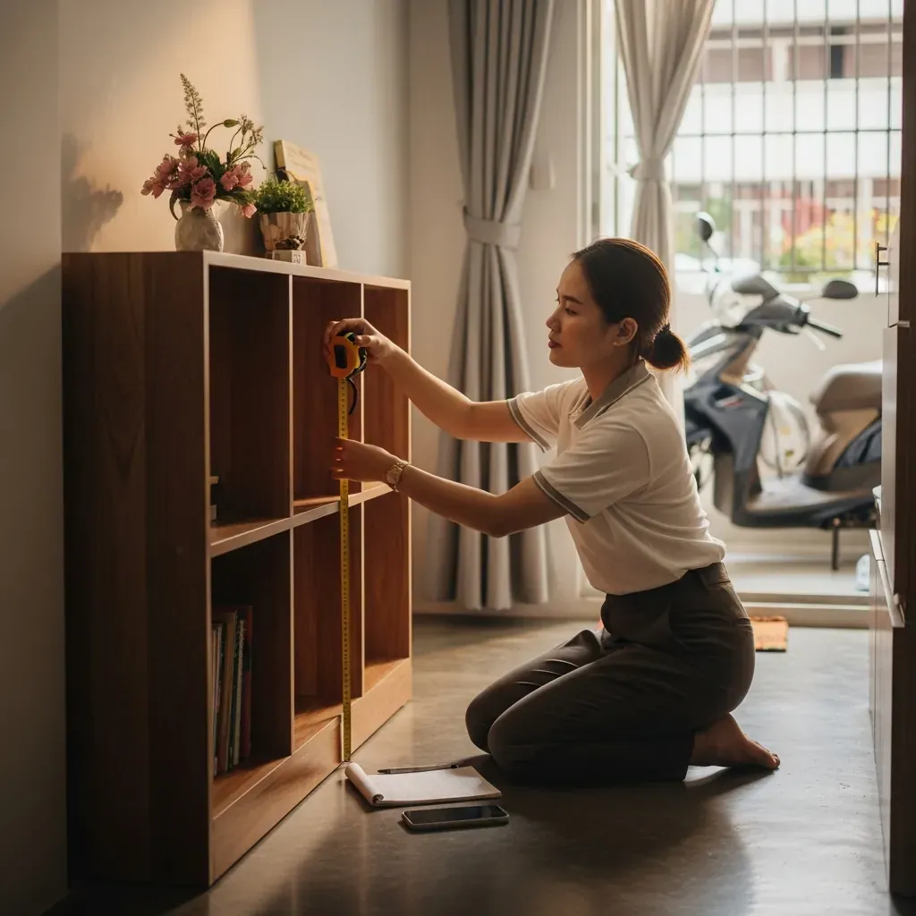 Người phụ nữ Việt Nam đang đo kệ sách gỗ bằng thước dây trong căn hộ nhỏ ngập nắng sớm