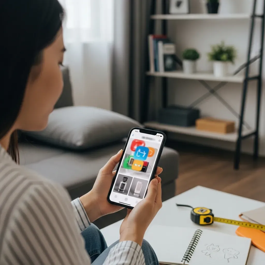 Người phụ nữ Việt Nam dùng điện thoại mua sắm phụ kiện, cạnh bàn có thước dây và sổ tay