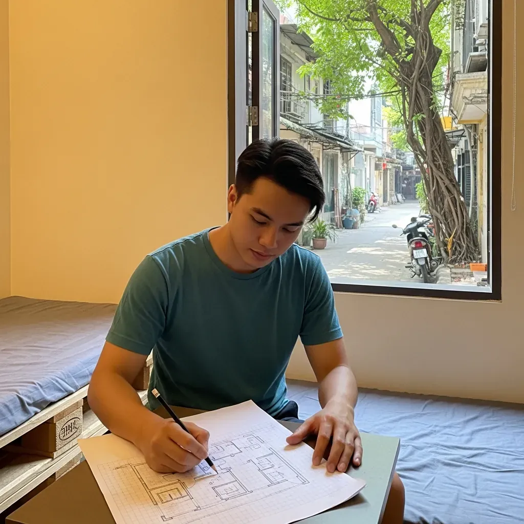Người đàn ông Việt vẽ sơ đồ mặt bằng phòng ngủ nhỏ trên giấy kẻ ô, không có chữ.