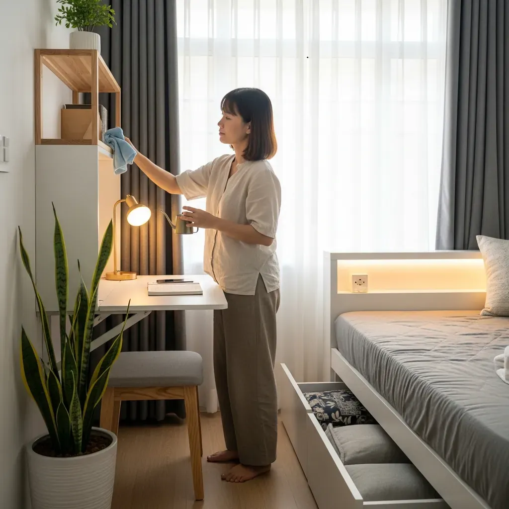 Người phụ nữ Việt đang lau bụi và tra dầu cho ray tủ trong phòng ngủ nhỏ sáng sủa.