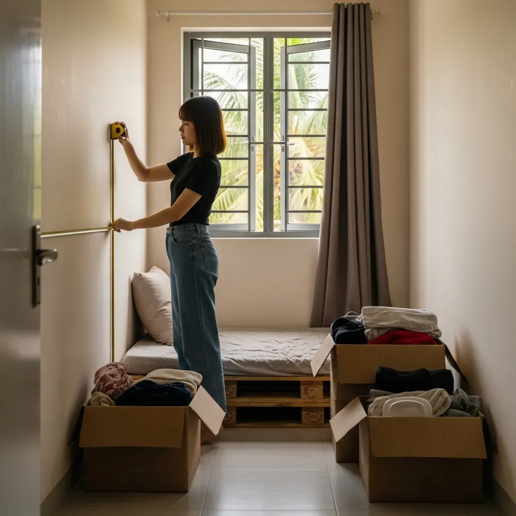 Người phụ nữ Việt Nam đang đo tường phòng ngủ nhỏ bằng thước dây, chuẩn bị cải tạo.