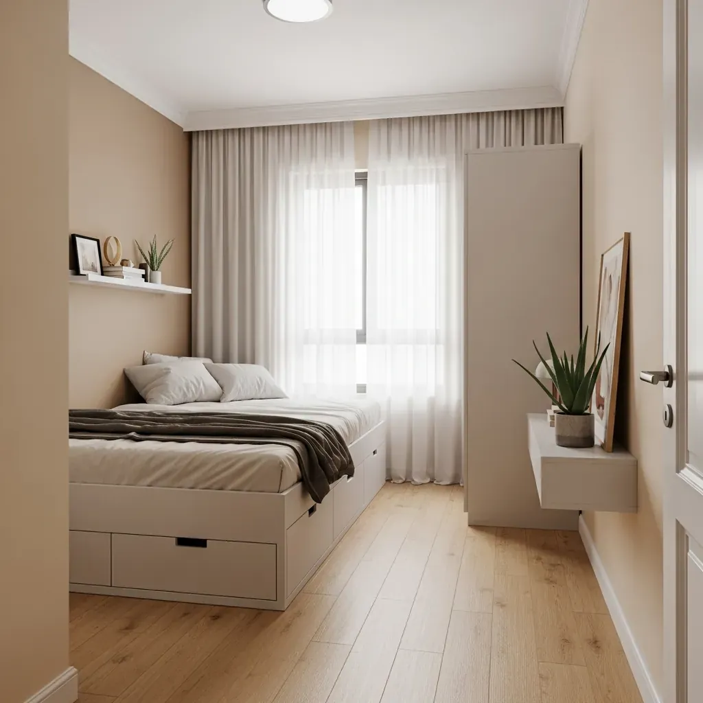 Phòng ngủ 7m² với giường đôi đa năng kê sát tường, tủ đồ cạnh cửa sổ tràn ánh sáng.
