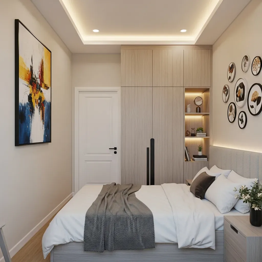 Phòng ngủ nhỏ gọn gàng tránh sai lầm: giường đặt chéo cửa, tủ cao kịch trần, tranh lớn.