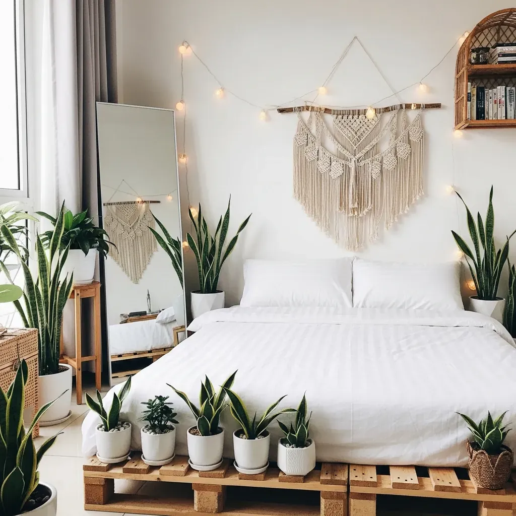 Phòng ngủ nhỏ phong cách Boho Việt Nam với giường pallet, cây xanh, gương lớn và đèn dây.