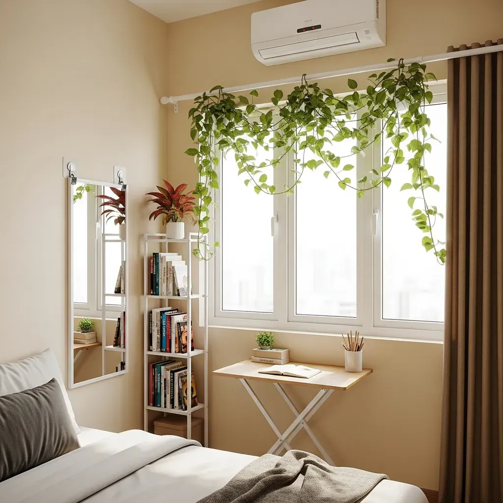 Phòng trọ nhỏ không khoan tường: kệ đứng, móc dán chịu lực và thanh treo cây.