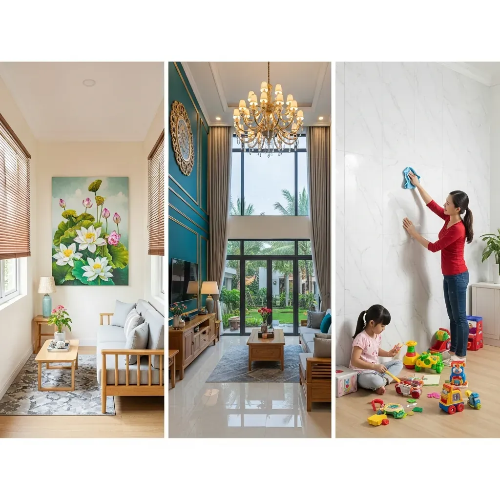 Ba kiểu tường accent khác nhau: sơn sáng kết hợp tranh, sơn đậm cho biệt thự, và tấm PVC vân đá cho gia đình.
