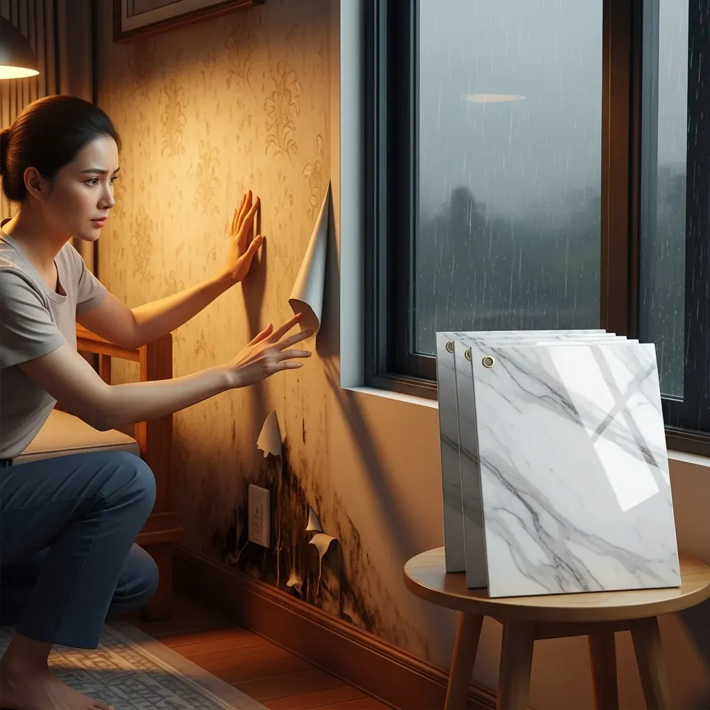 Bức tường dán giấy Hàn Quốc bị bong và mốc do khí hậu ẩm, chủ nhà thất vọng.