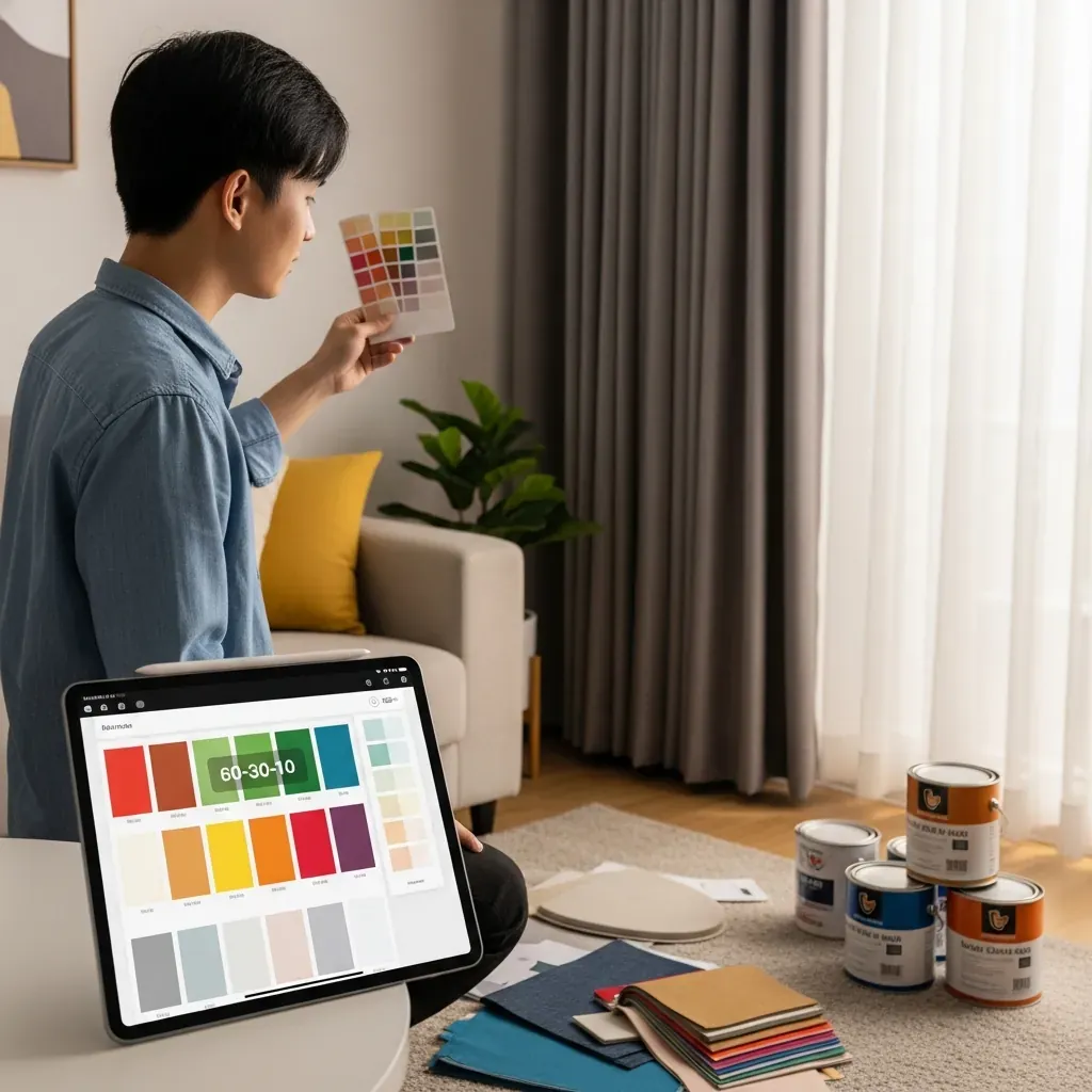 Người đàn ông Việt đang so màu sơn với bảng moodboard trên máy tính bảng, các mẫu vải và sơn bày trên sàn.