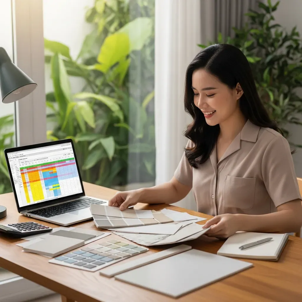 Người phụ nữ Việt đang so sánh các mẫu vật liệu tường và tính toán ngân sách trên laptop.
