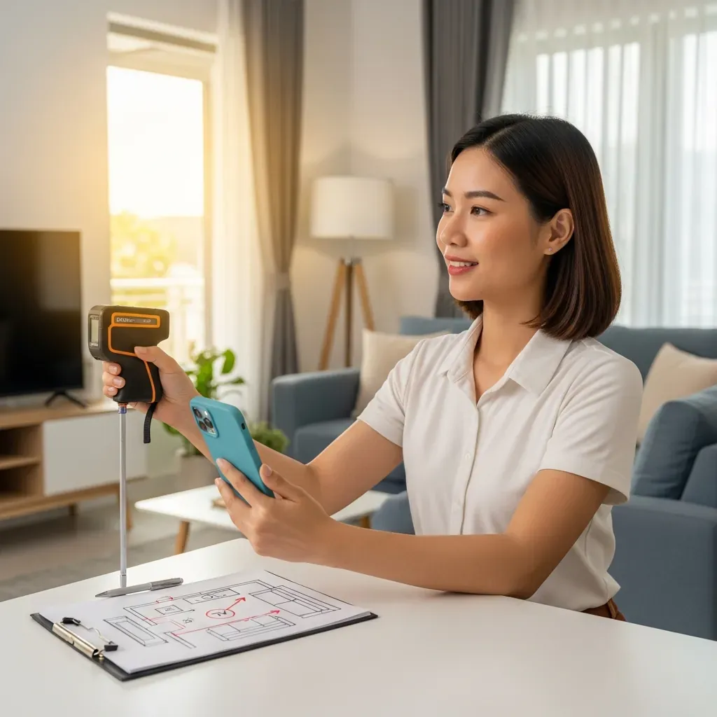 Người phụ nữ Việt Nam đang đo chiều cao bức tường bằng thước laser, tay cầm sổ ghi chú sơ đồ mặt bằng.