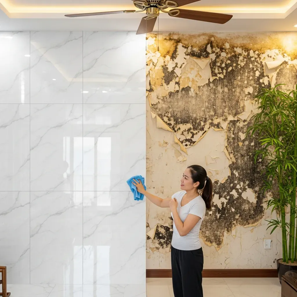 So sánh tường ốp PVC sạch sẽ, chống ẩm với giấy dán tường bong tróc, nấm mốc sau mùa nồm.