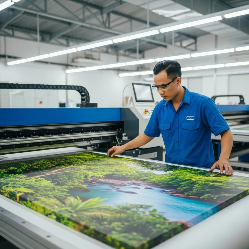 Kỹ thuật viên Việt Nam kiểm tra tranh canvas in UV tại nhà máy.