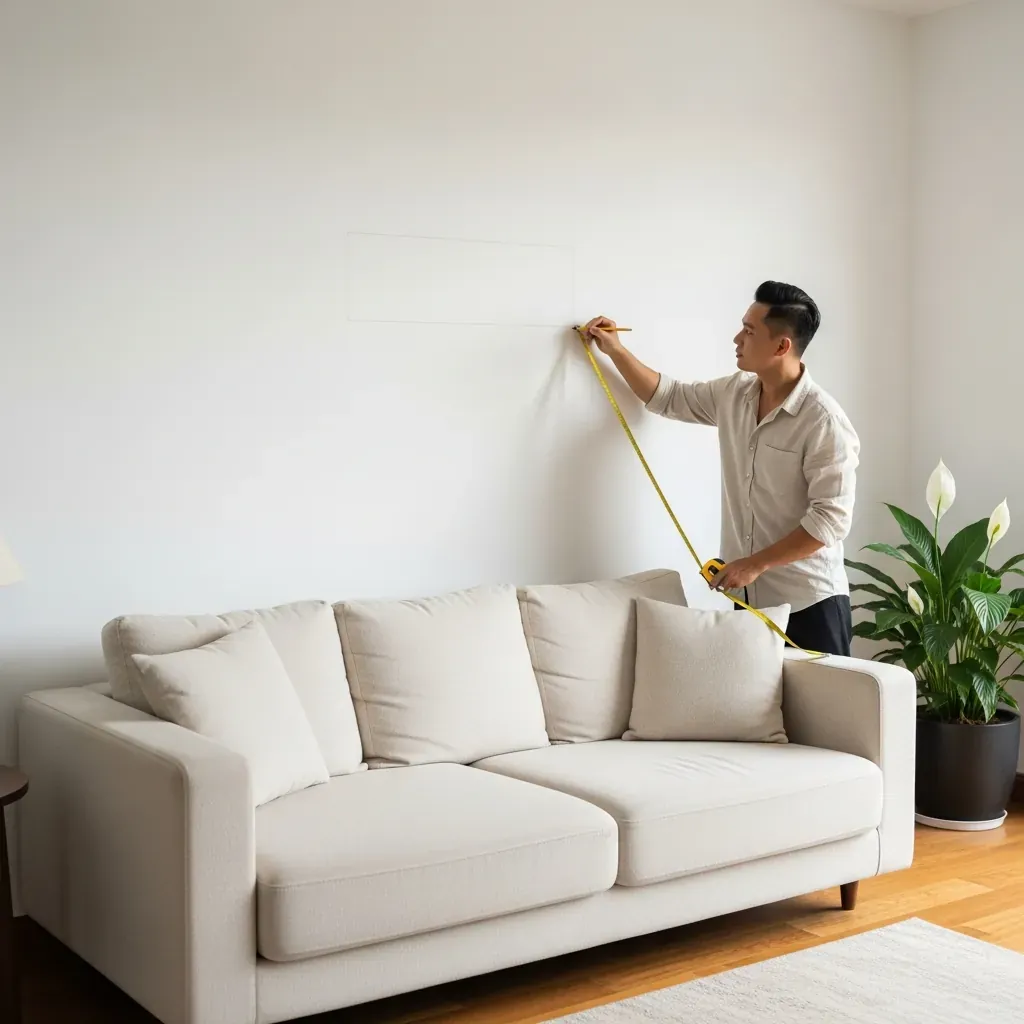 Một người đàn ông Việt Nam đang đo kích thước tường để chọn tranh treo.