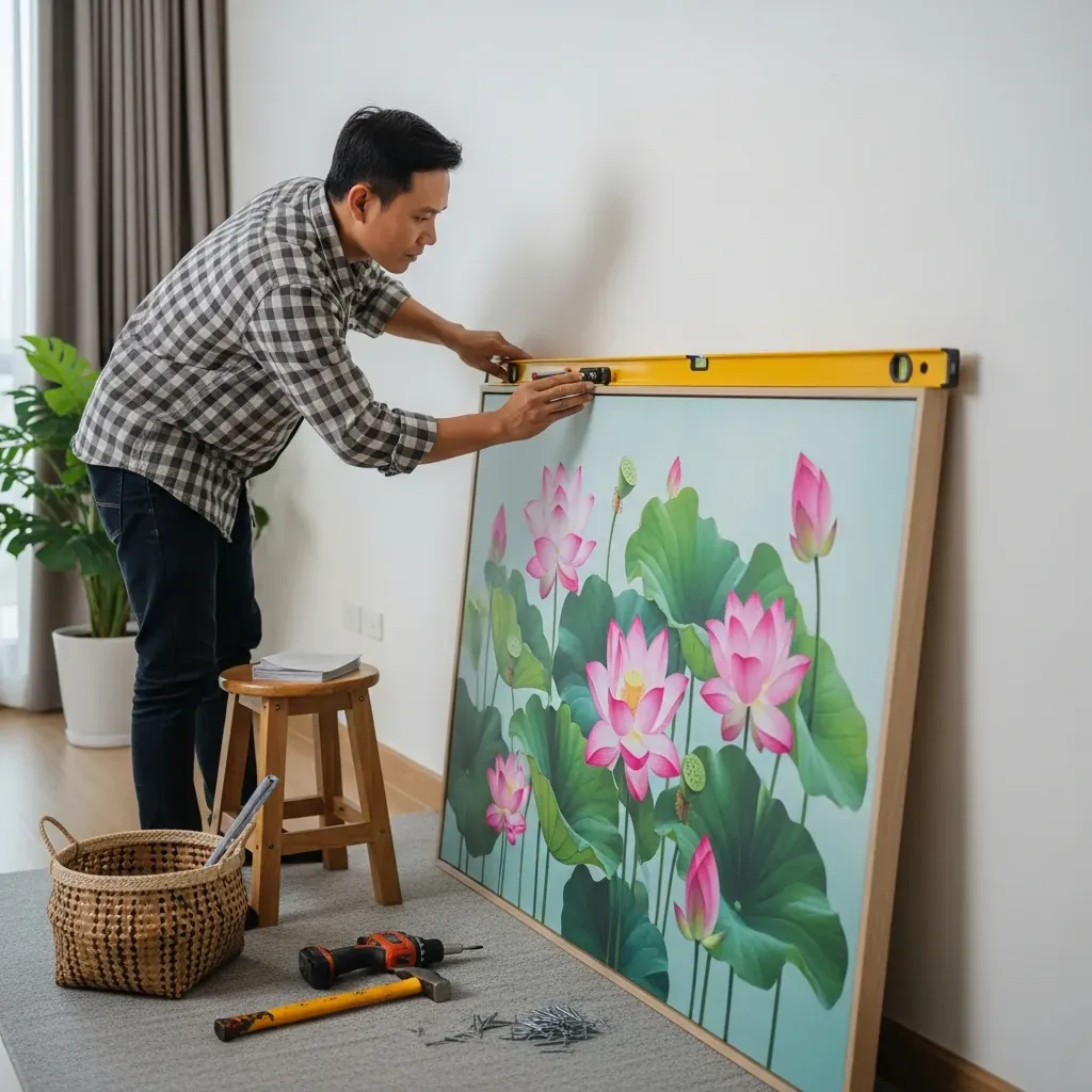 Người đàn ông Việt Nam đang treo tranh lên tường bằng dụng cụ an toàn.