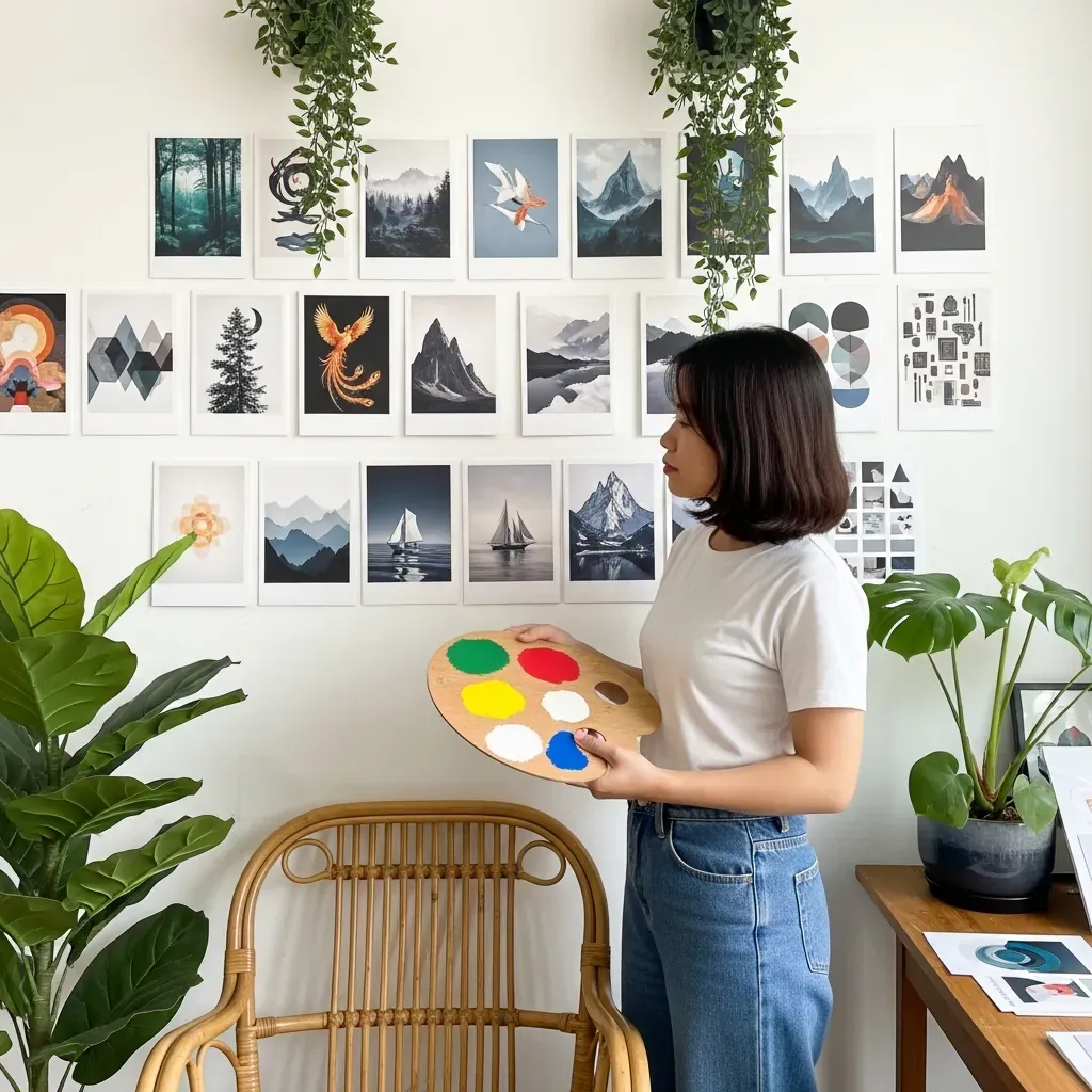 Người phụ nữ Việt đang chọn màu sắc và chủ đề tranh theo phong thủy.