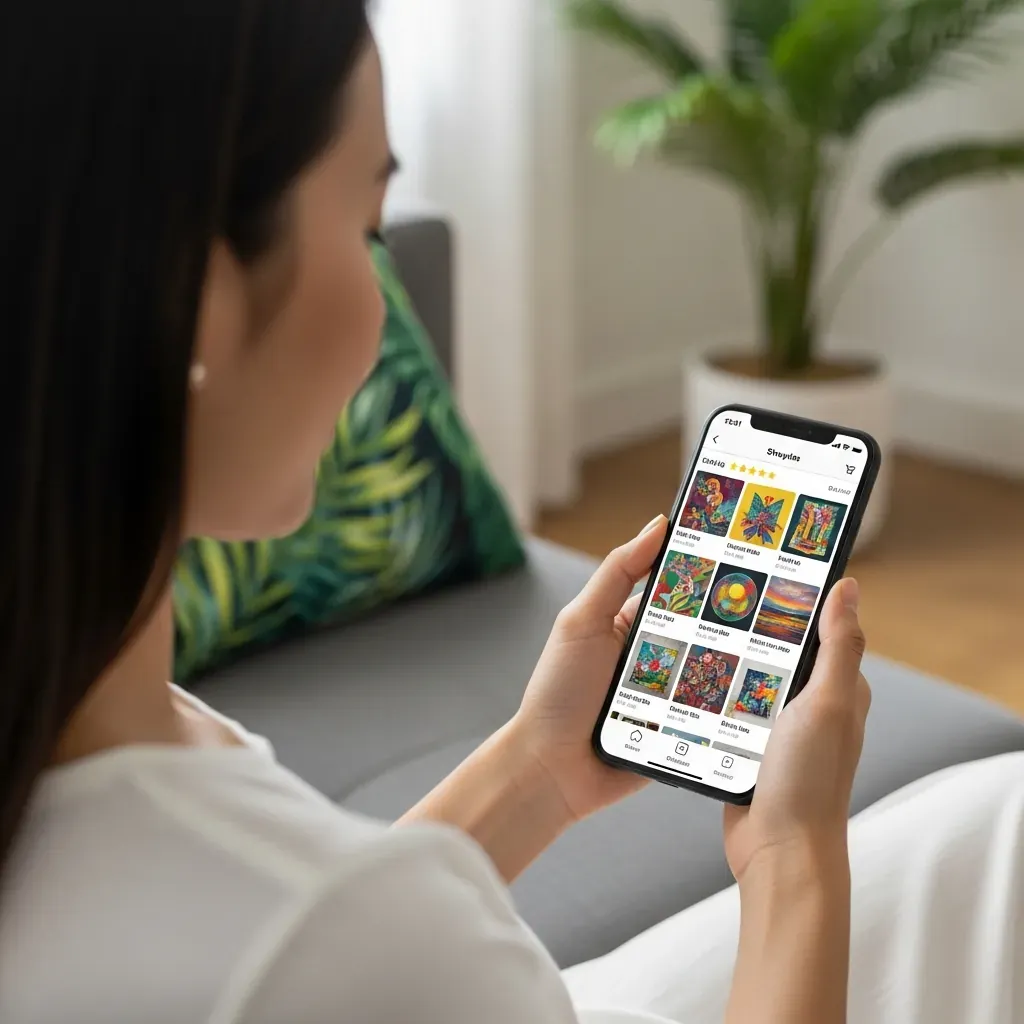 Người phụ nữ Việt đang xem ứng dụng mua sắm tranh online.