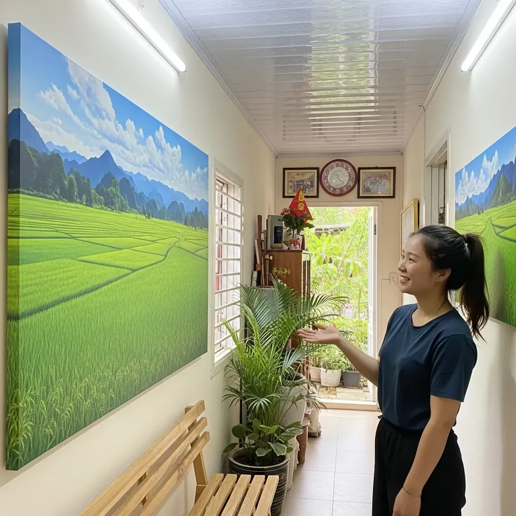 Phòng khách nhà ống tại Việt Nam với tranh phong cảnh đồng lúa giúp không gian rộng hơn.