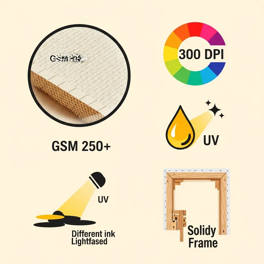 Hình minh họa các yếu tố chất lượng tranh: vải canvas dày, độ phân giải cao, mực pigment, khung gỗ.