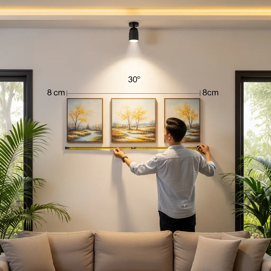 Người đàn ông Việt Nam đang sắp xếp bố cục treo tranh bộ ba với khoảng cách đều nhau.