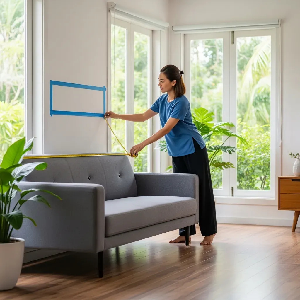 Người phụ nữ Việt Nam đang đo sofa và dùng băng dính giấy đánh dấu vị trí treo tranh trên tường.