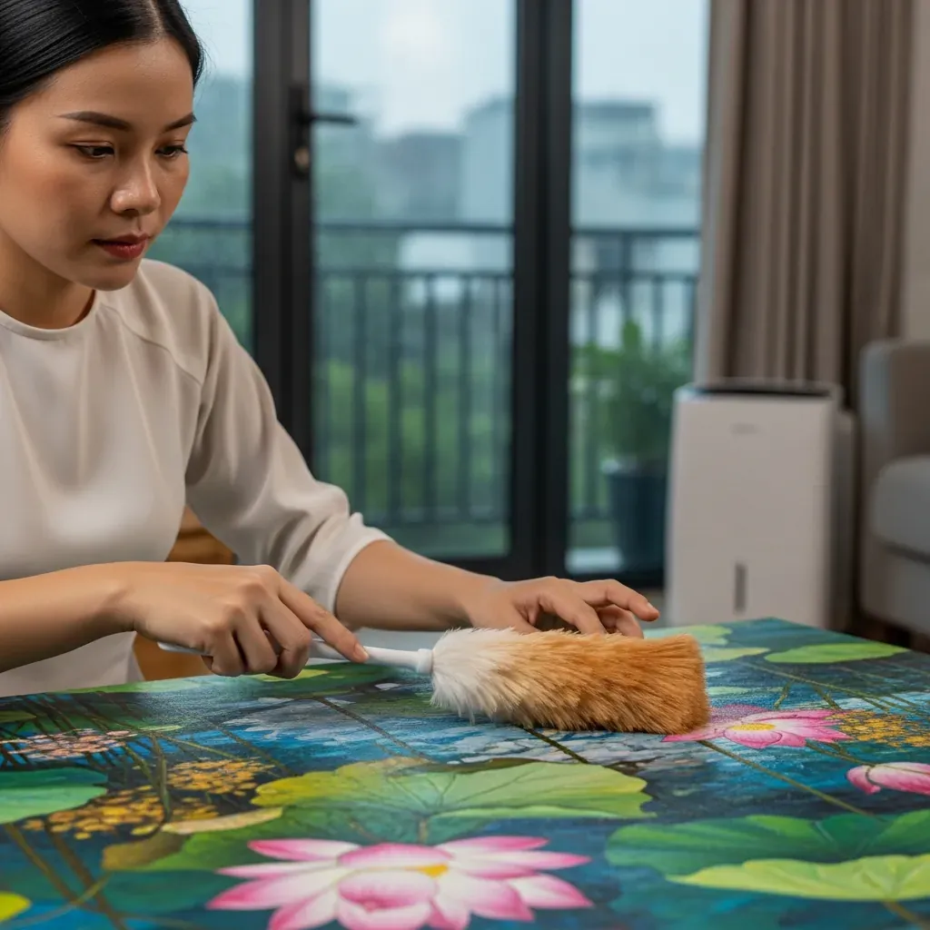 Người phụ nữ Việt Nam lau bụi tranh canvas bằng chổi lông mềm.