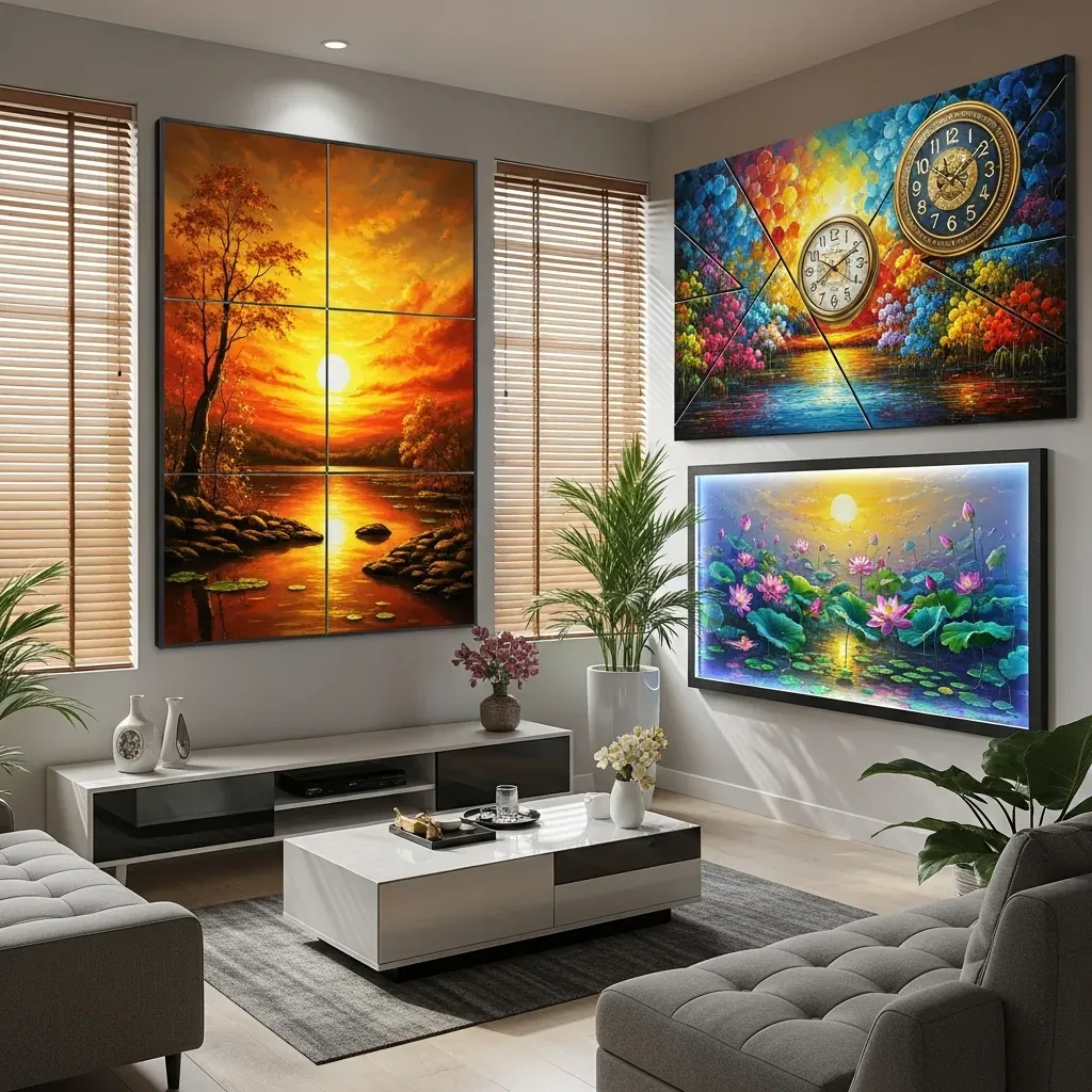 Phòng khách hiện đại với tranh in UV tráng gương, tranh LED và tranh đồng hồ tích hợp.