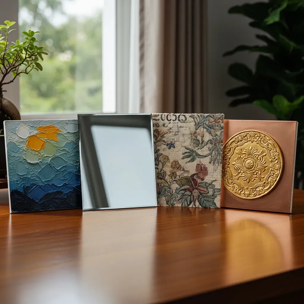 So sánh bốn loại chất liệu tranh: sơn dầu, in UV tráng gương, canvas, đồng mạ vàng.