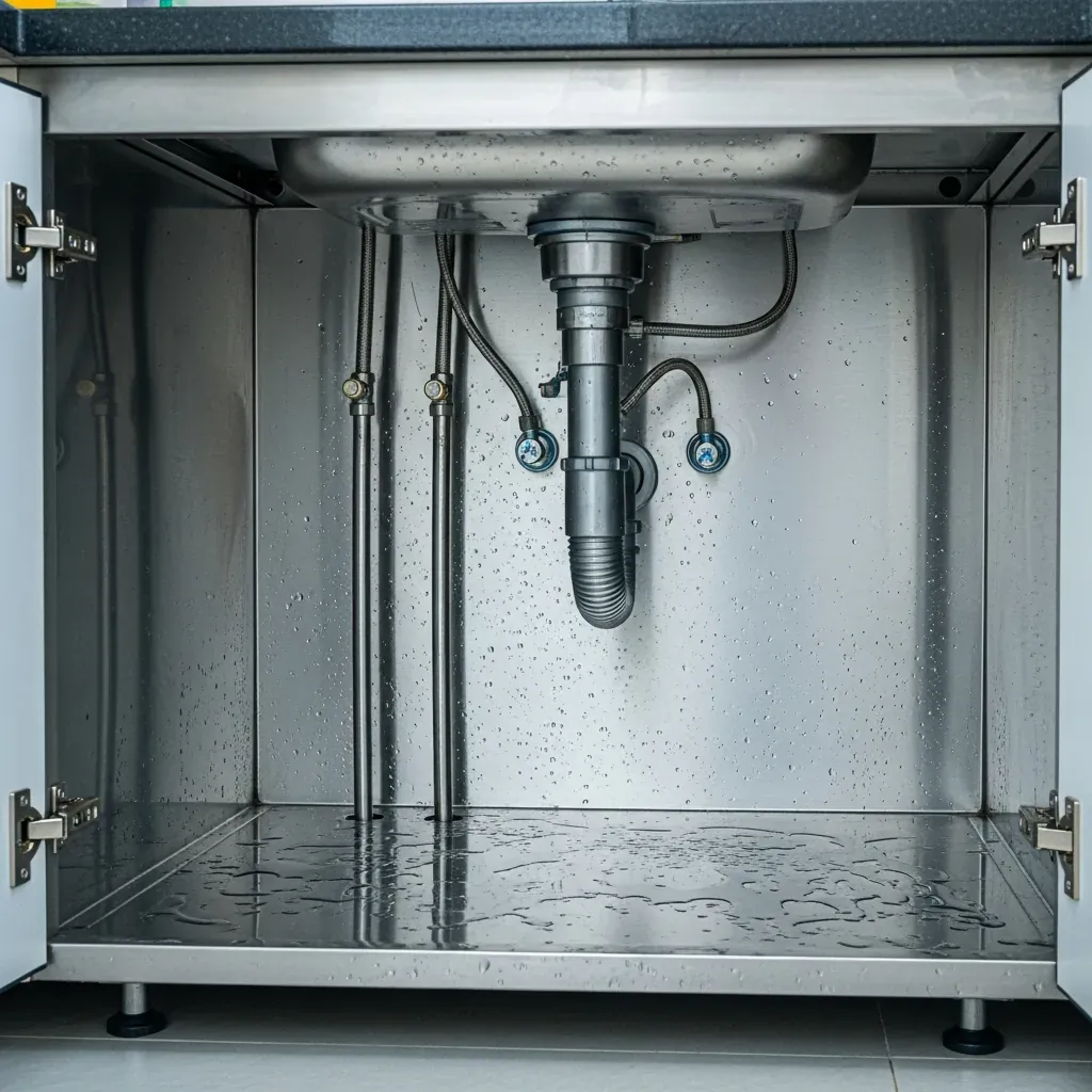 Khoang dưới chậu rửa làm bằng inox 304 chống nước