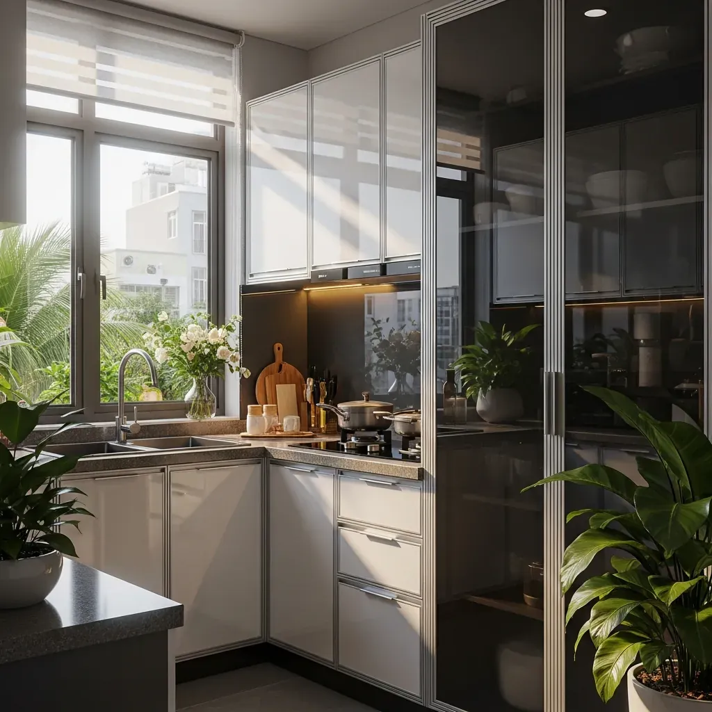 Tủ bếp nhôm cánh kính trong căn hộ Việt Nam hiện đại