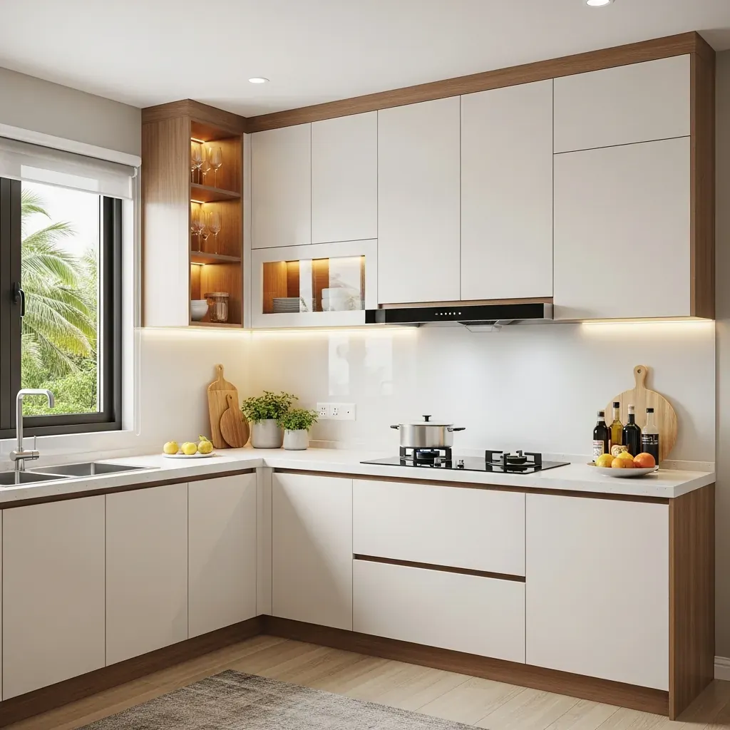 Bố trí bếp chữ L với tủ nhôm kính và đèn LED hiện đại