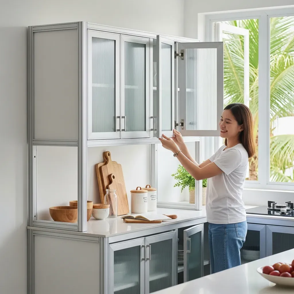 Tủ bếp nhôm kính hiện đại trong căn bếp chung cư Việt Nam sáng sủa