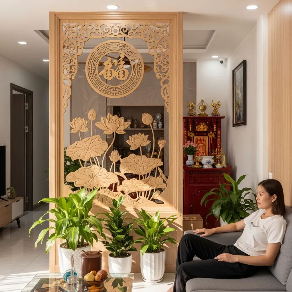 Vách ngăn CNC gỗ chia không gian phòng khách và góc thờ trong căn hộ Việt Nam