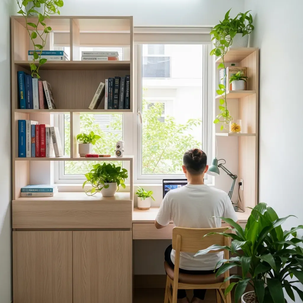 Góc làm việc tách bằng kệ sách mở trong nhà nhỏ