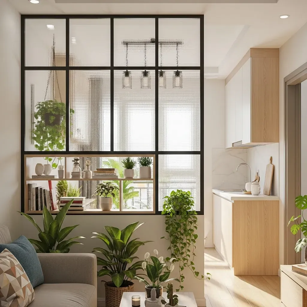 Vách kính khung kim loại kết hợp kệ trang trí giữa phòng khách và bếp