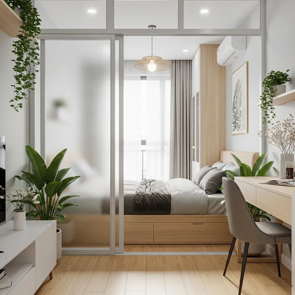 Vách lùa kính mờ chia phòng trong căn studio nhỏ