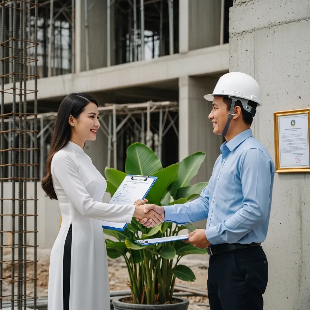 Chủ nhà bắt tay nhà thầu sau khi kiểm tra năng lực.