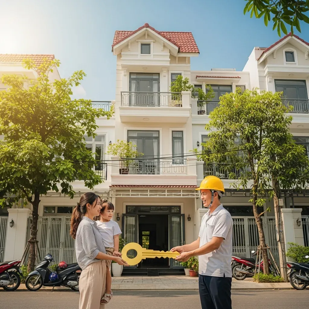 Gia đình nhận chìa khóa căn nhà phố hiện đại ở Bình Dương.