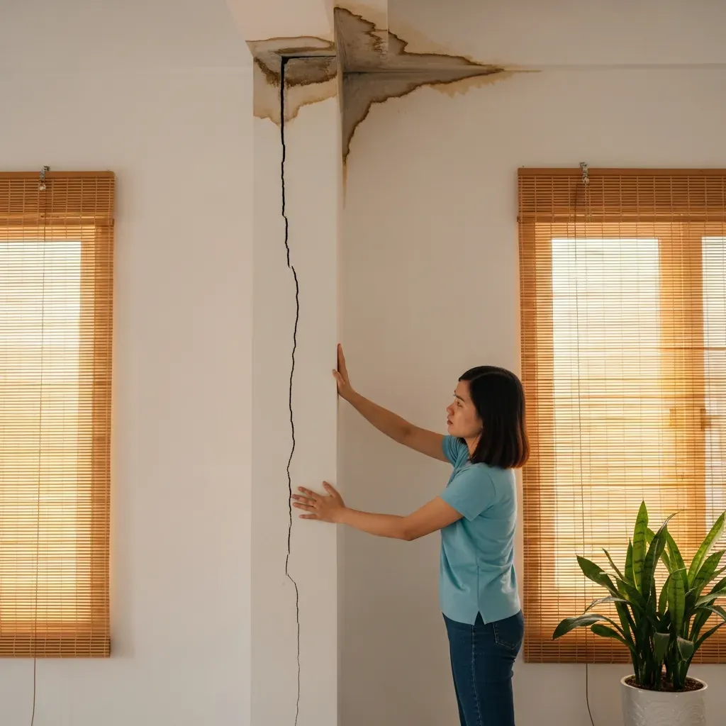 Người phụ nữ chạm vết nứt tường trong nhà mới xây.