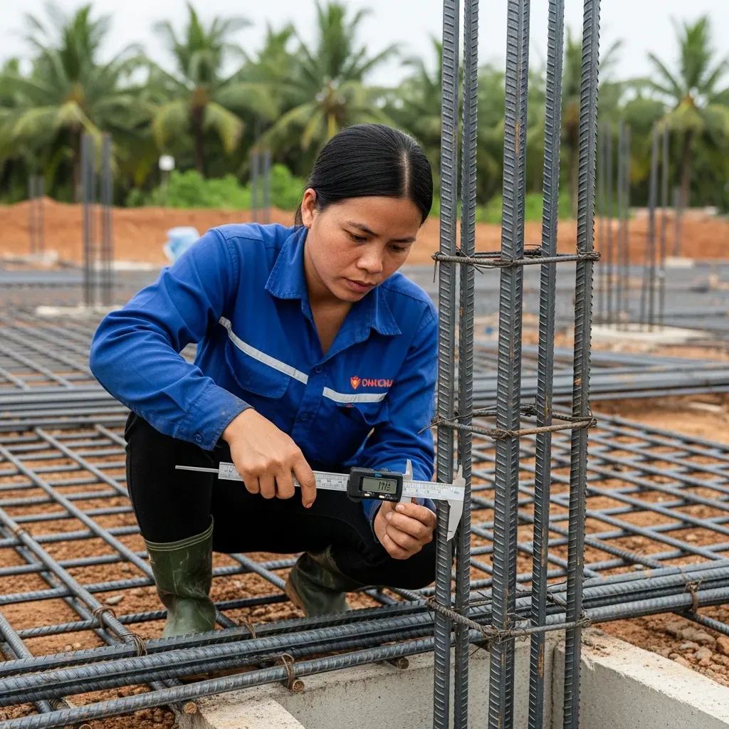 Góc nhìn qua vai một phụ nữ Việt Nam đang dùng thước kẹp điện tử đo đường kính thép trong hố móng, công trình xây dựng có cây cọ nhiệt đới phía sau.