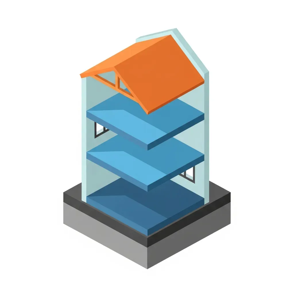 Mô hình isometric cắt lớp ngôi nhà phố 3 tầng kiểu Việt Nam, các phần móng, sàn và mái được tô màu khác nhau theo tỉ lệ diện tích xây dựng.