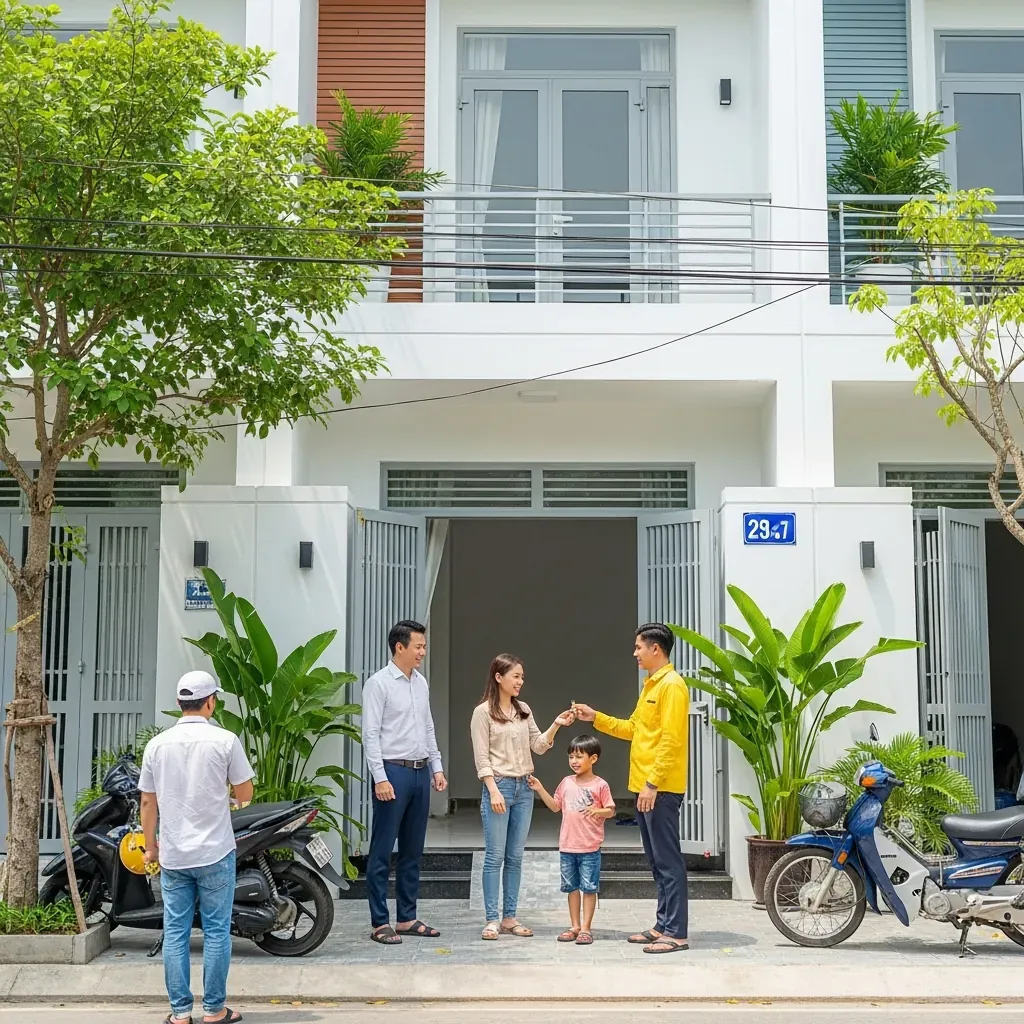 Một gia đình Việt Nam gồm bố mẹ và con đang nhận chìa khóa nhà mới từ nhà thầu trước căn nhà phố hiện đại tại Đà Nẵng, xung quanh có cây xanh nhiệt đới và xe máy.