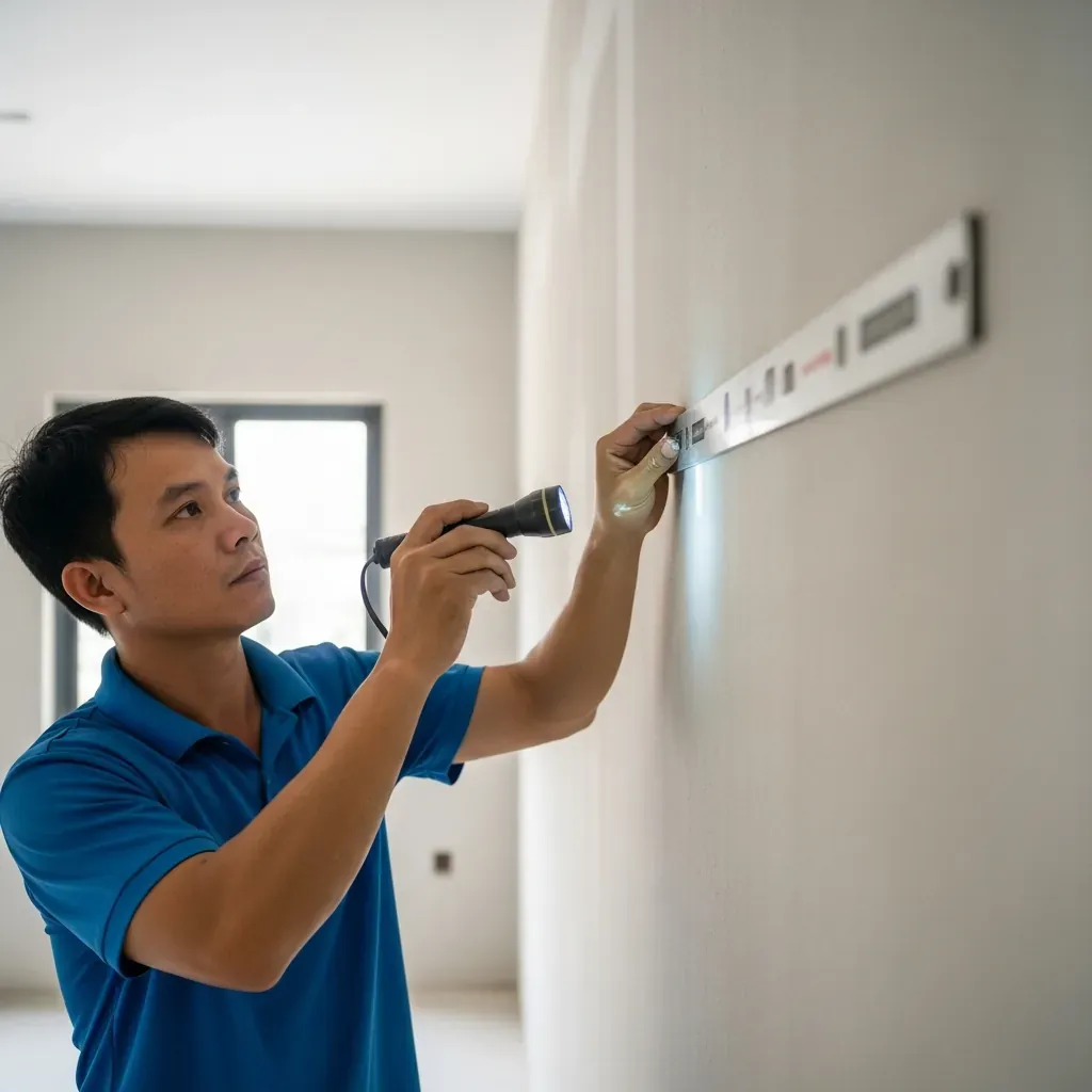 Người đàn ông Việt Nam áp thước nhôm vào tường mới sơn, soi đèn pin kiểm tra độ phẳng và lỗi, bên trong nhà mới xây tại Đà Nẵng.