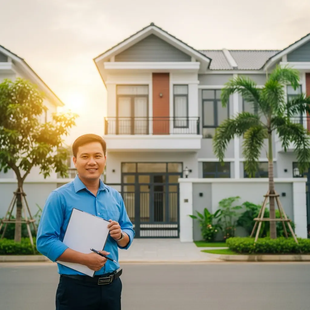 Người đàn ông Việt Nam mỉm cười cầm bản checklist in tay trước căn nhà phố mới xây ở Đà Nẵng, ánh hoàng hôn ấm áp, khu vườn nhiệt đới.