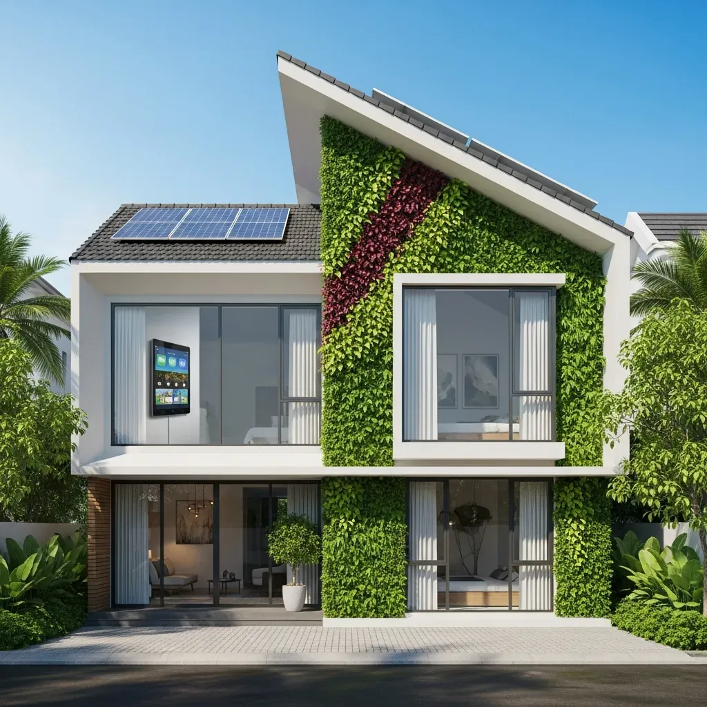 Nhà ở nhiệt đới hiện đại Đà Nẵng mái dốc, cửa kính Low-E, tường cây xanh, pin năng lượng mặt trời, máy tính bảng điều khiển nhà thông minh nhìn qua cửa sổ.