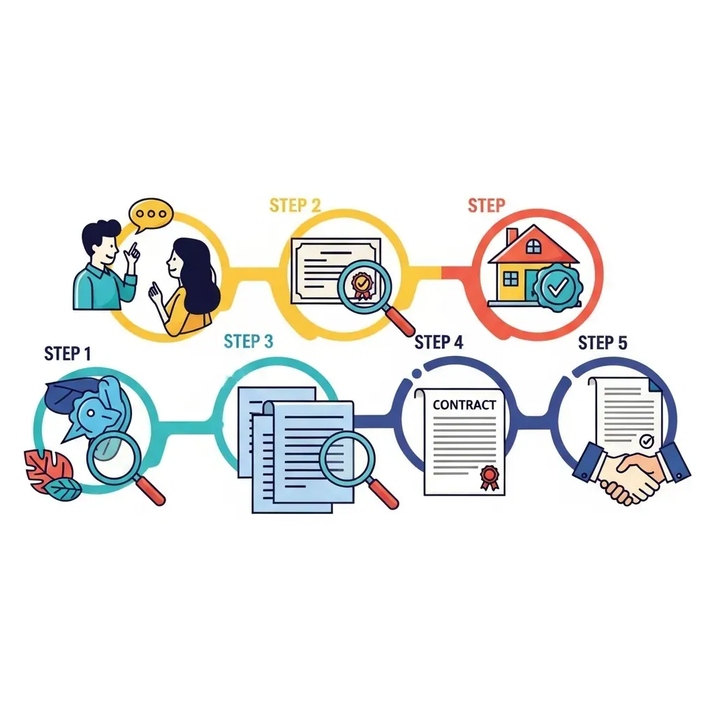 Sơ đồ năm bước bằng biểu tượng: hai người bạn hỏi nhau, giấy chứng nhận và kính lúp, ngôi nhà có dấu đã kiểm chứng, hai tài liệu chồng lên nhau với kính lúp, bắt tay trên hợp đồng.
