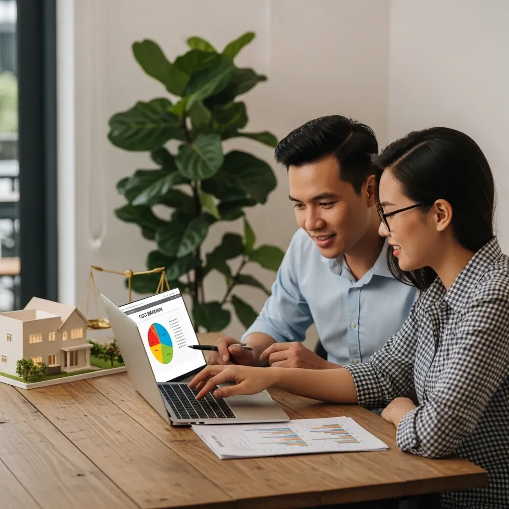 Cặp vợ chồng người Việt ngồi bên laptop xem xét chi phí xây nhà, với bảng biểu trên màn hình không chữ.
