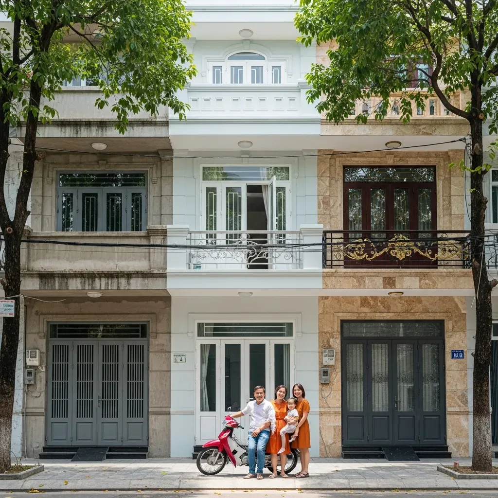 Dãy ba ngôi nhà ống Hà Nội thể hiện ba mức độ hoàn thiện từ cơ bản đến cao cấp, một gia đình đứng cười trước nhà ở giữa.